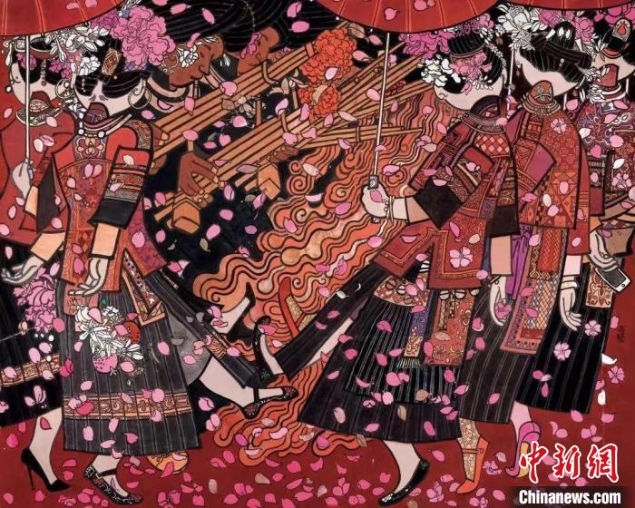 图为刘金贵创作的中国画《跳花场上》。 贵州省文旅厅供图